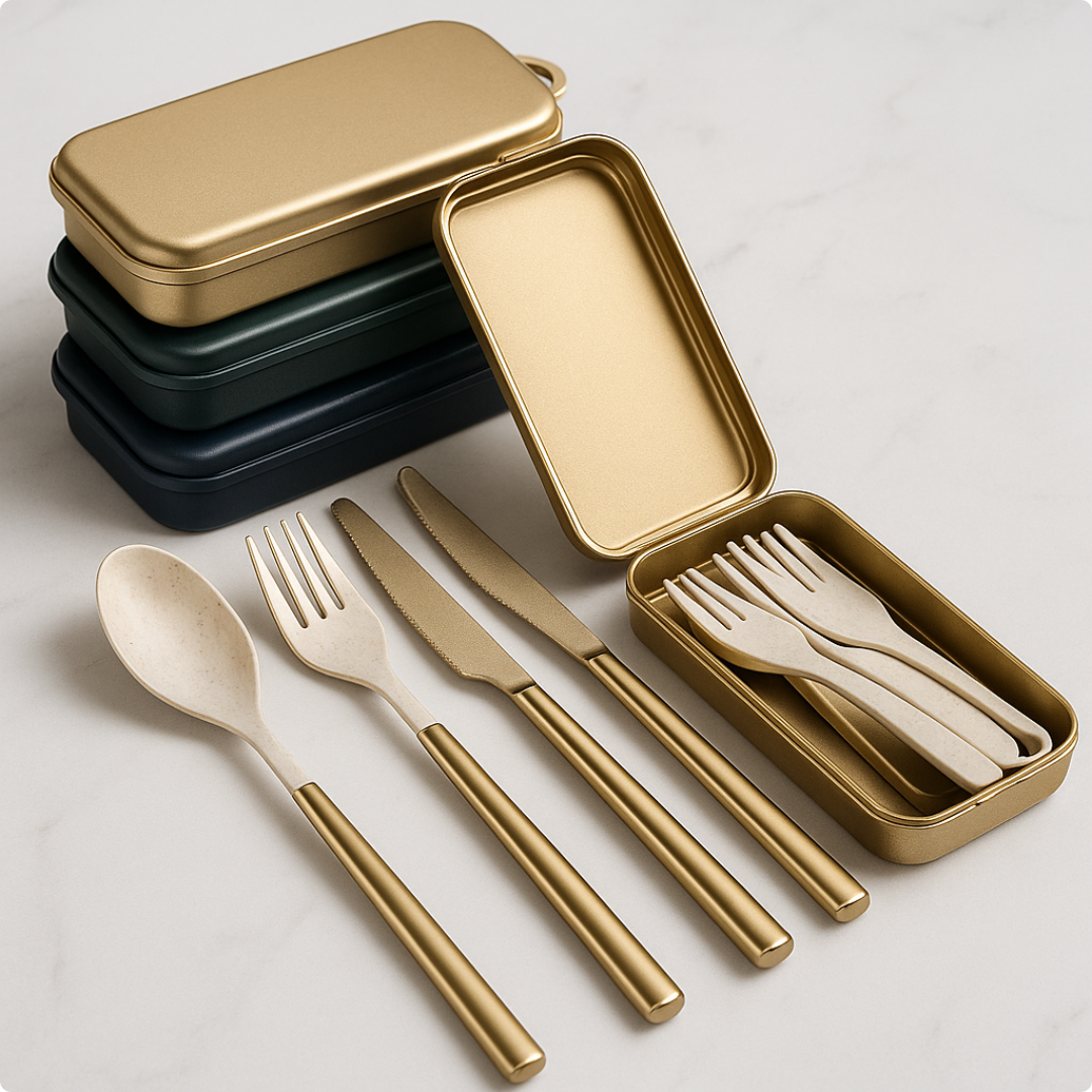 סט סכו"ם נייד רב פעמי מתקפל קל לנשיאה